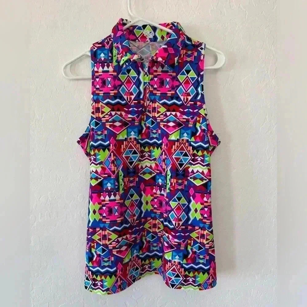 Tzu Tzu Zip Top Small S Golf Wicking UV  Sleeveless Polo Print Tennis Large